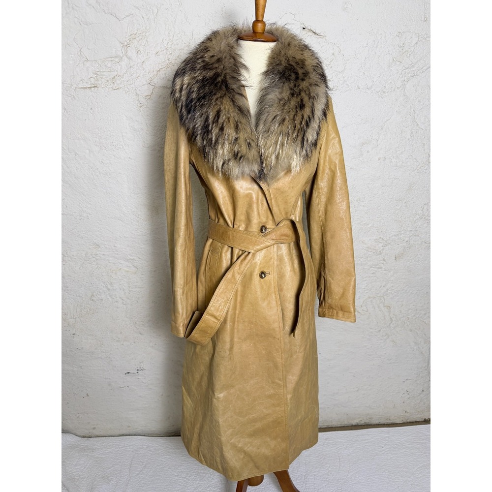 Vintage Andrew Marc New York 90s Y2K Leather Penny Lane Trench Coat Fur Collar L